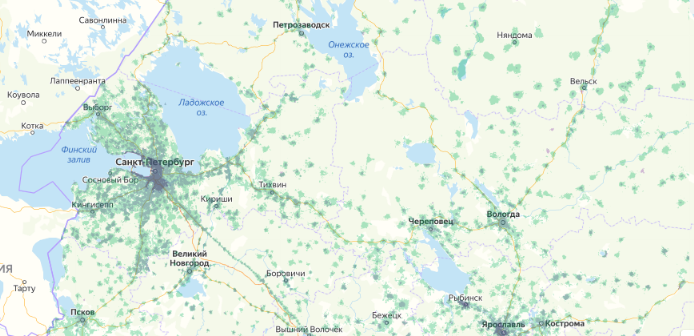 Зона покрытия МТС на карте Гатчина 